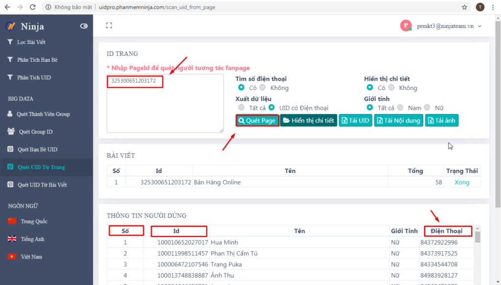 quet uid trang 1024x582 Phân tích Fanpage đối thủ hiệu quả với phần mềm quét tương tác Facebook