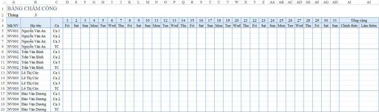 image mau bang cham cong theo ca tren excel 1 Mẫu bảng chấm công theo ca mới nhất cho nhà quản lý