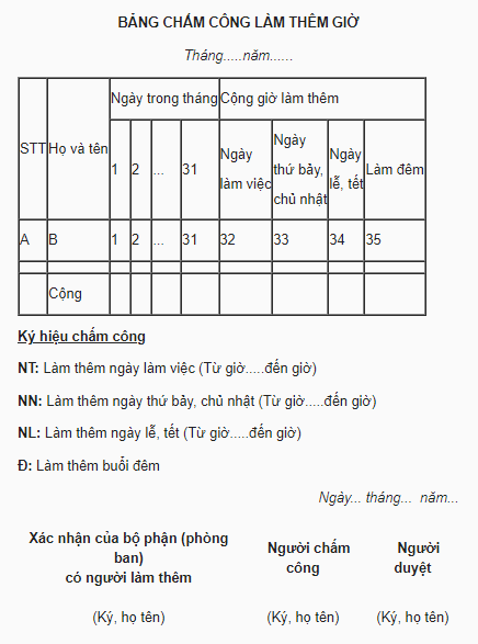 Capture Mẫu bảng chấm công làm thêm giờ mới nhất theo thông tư 107