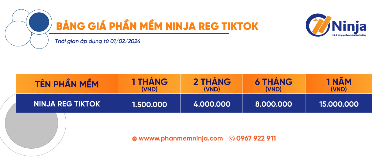 Bảng giá phần mềm Ninja Reg Tiktok Ninja Reg Tiktok   Tool reg Tiktok, tạo tài khoản Tiktok hàng loạt