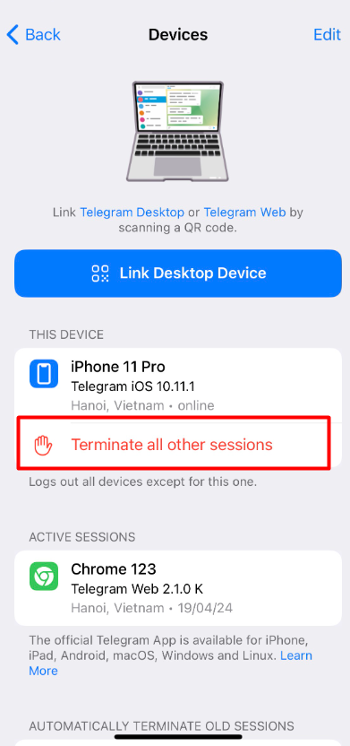 dang xuat tai khoan telegram tren thiet bi khac 2 Cách đăng xuất tài khoản Telegram trên thiết bị khác từ xa