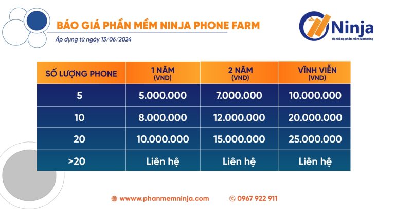 bang gia phan mem ninja phone farm 768x435 1 Hướng dẫn nhập tài khoản nhanh chóng với Ninja Phone Farm