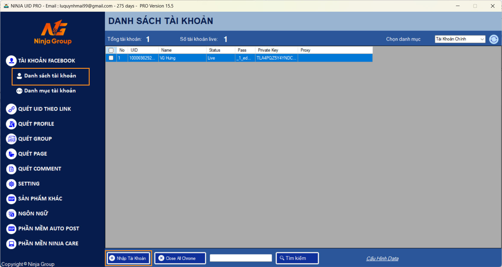 nhap tai khoan facebook 4 Nhập tài khoản Facebook vào phần mềm Ninja UID Pro chuẩn