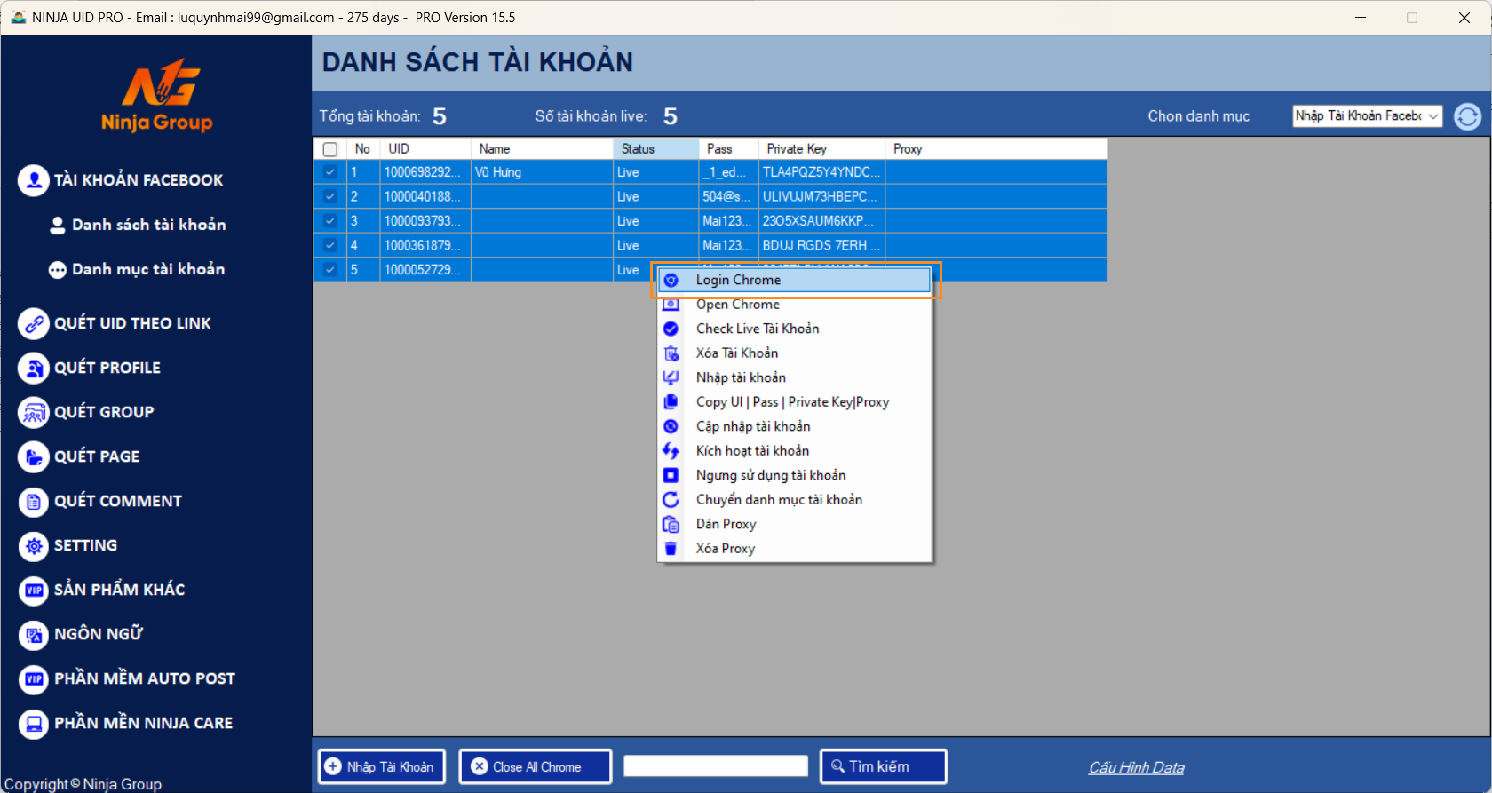 nhap tai khoan facebook 7 Nhập tài khoản Facebook vào phần mềm Ninja UID Pro chuẩn