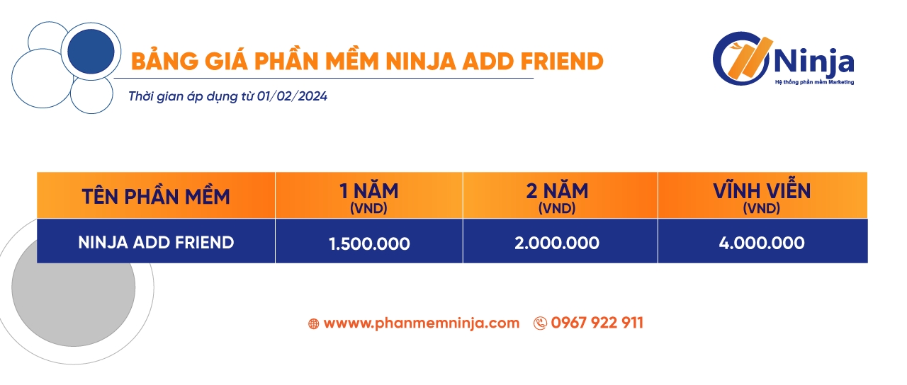 20241015 bang gia phan mem ninja add friend Ninja Add Friend – Phần mềm tự động kết bạn thần tốc 5000 bạn bè